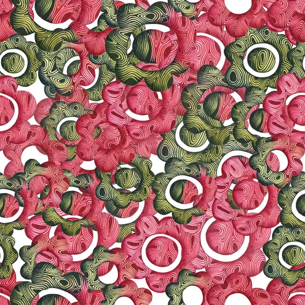 Seamless hand drawing pattern with red and green flowers.  Pen ball drawing for cards, posters, prints, textile. White (isolated) background. Flowers with wooden effect.