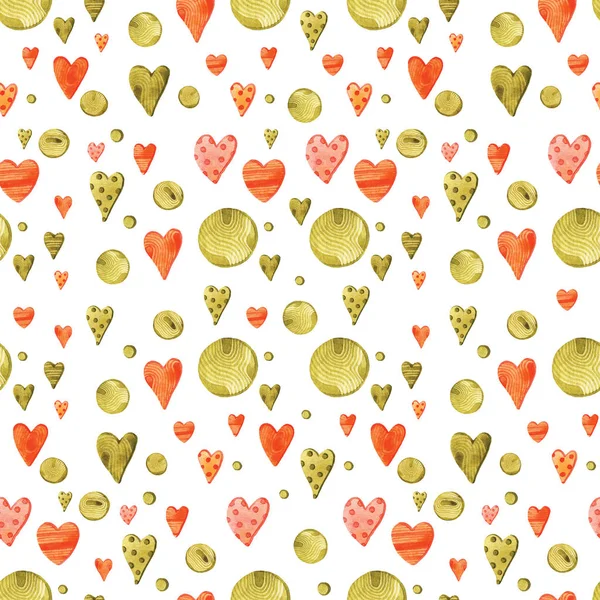 Watercolor Hand Drawing Red Green Hearts Wooden Circles Seamless Pattern — Stock Photo, Image