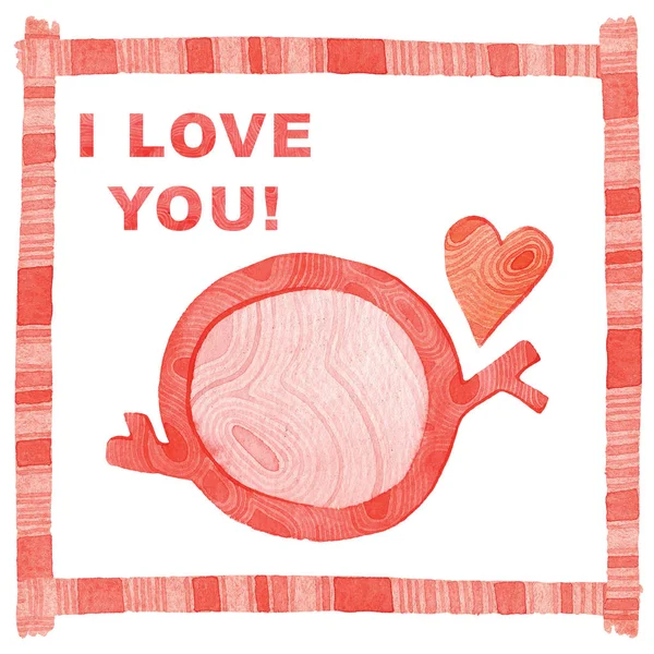 Watercolor red wooden circle and heart on white isolated background. Hand drawing illustration for valentines cards, posters, prints and T-shirts. Red wood text - I LOVE YOU. Frame, place for text.