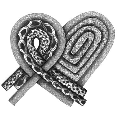 Kalem topuyla çizilmiş süslemeleri olan gri ölçekli bir kalp. Sevgililer günü kartları, posterler, baskılar ve tekstil için el çizimi. Kalbi beyaz arka planda. Orijinal Aşk resmi.
