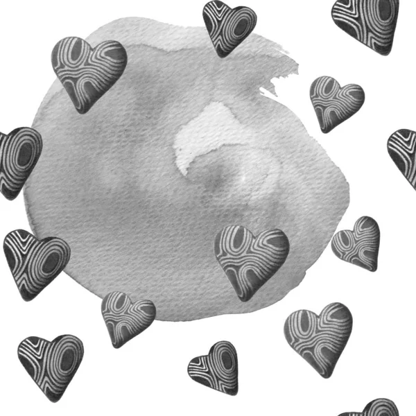 粉球灰比例画无缝图案与木制心脏 手绘白色孤立背景的贺卡 婚宴邀请函和纺织品 情人节的设计 — 图库照片