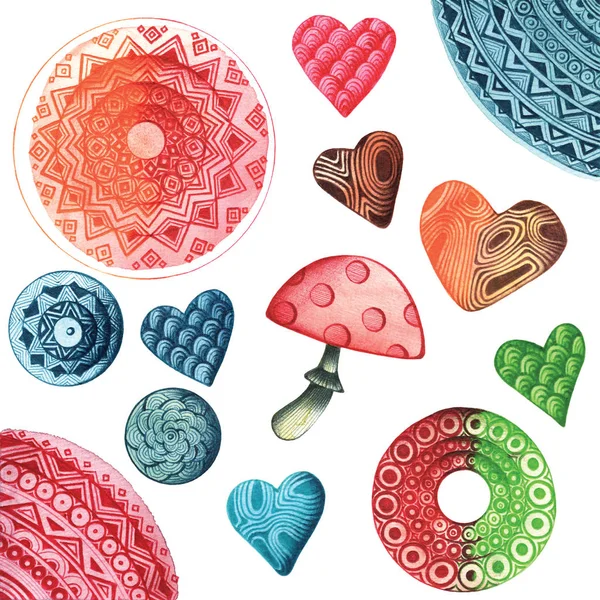 Set Pen Ball Drawing Elements Mushroom Hearts Patterns Ornamented Circles — Stock Photo, Image