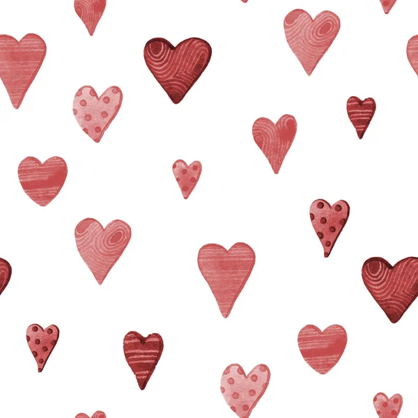 Akvarell Sömlöst Mönster Med Strukturerade Röda Hjärtan Handritning Vit Isolerad — Stockfoto