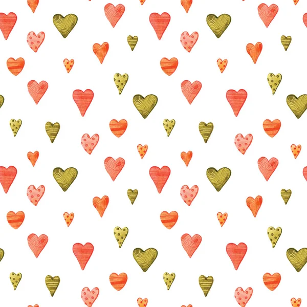 Watercolor Seamless Pattern Textured Red Green Hearts Hand Drawing Background — 스톡 사진