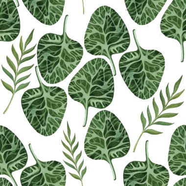 Palmiye yapraklarıyla kusursuz suluboya deseni. Duvar kağıtları, kumaşlar, baskılar, kartlar, ambalajlar için modern orman arka planı. Beyaz izole arkaplanda yeşil yapraklı yaz deseni. 