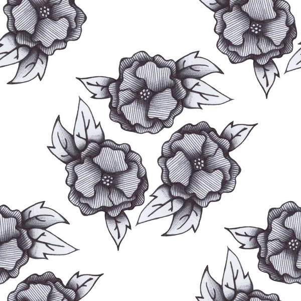Graustufen Nahtlose Musterblumen Mit Blättern Auf Weißem Isoliertem Hintergrund Mit — Stockfoto