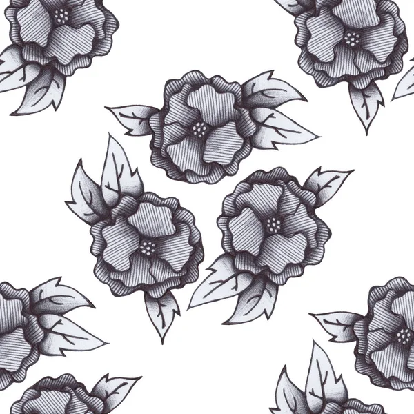 Gray scale seamless pattern flowers with leaves on white (isolated) background drawing with pen ball. Hand drawing template for greeting, wedding invitations, cards, posters, prints and textile.