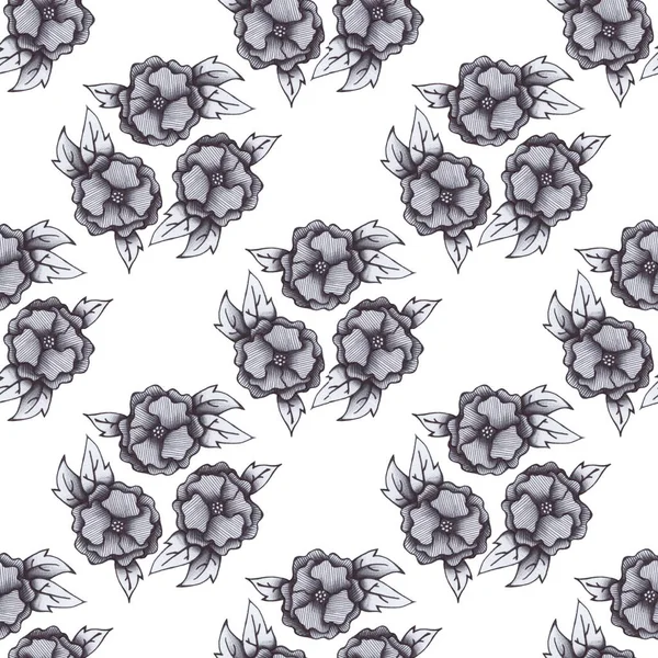 Gray scale pen ball seamless pattern with flowers and leaves on white isolated background. Hand drawing design for packaging, wallpapers, covers, textile, clothes.