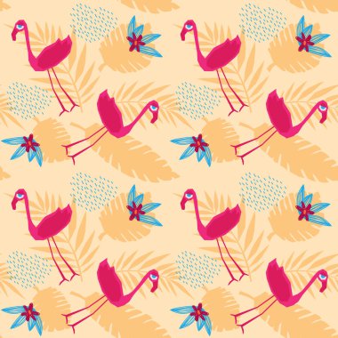 Palmiye yaprakları, çiçekler ve flamingolu kusursuz desen. Duvar kağıdı, kumaş, parmak izi, kart ve afiş için modern orman arka planı. Tropik egzotik illüstrasyon.