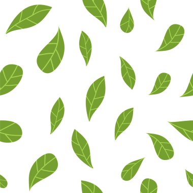 Farklı şekillerde yeşil yapraklar pürüzsüz desenler. Duvar kağıtları, kartlar, afişler, tekstil, baskılar için resim. İzole edilmiş beyaz arkaplan. 