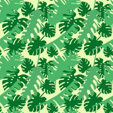 Canavarlı kusursuz desen, palmiye yaprakları. Duvar kâğıdı, kumaş, parmak izi, kart, ambalaj için modern orman arka planı. Yeşil tropik yapraklı yaz illüstrasyonu. 
