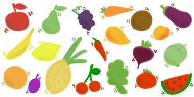 Renkli yemekler. Havuç, turp, patlıcan, domates, brokoli, şeftali, karpuz, biber, kiraz, mango, hindistan cevizi, elma, armut, erik, ananas, portakal, limon, muz. Beyaz izole arkaplan. 