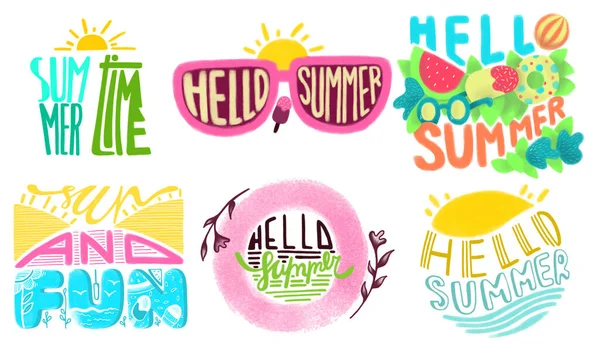 Hello Summer Sun Fun Summer Time Set Digital Hand Drawing — Stock Photo, Image