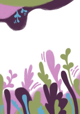 Renkli bahar, uzun renkli yapraklı yaz dijital illüstrasyonu. Duvar kağıtları, kumaşlar, baskılar, kartlar, posterler için modern yeşillik. Beyaz izole edilmiş arka plan. A4 biçimi. Pembe, mor, mavi, yeşil renkler.