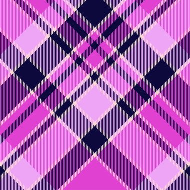 Tartan mor ve mavi desenli.