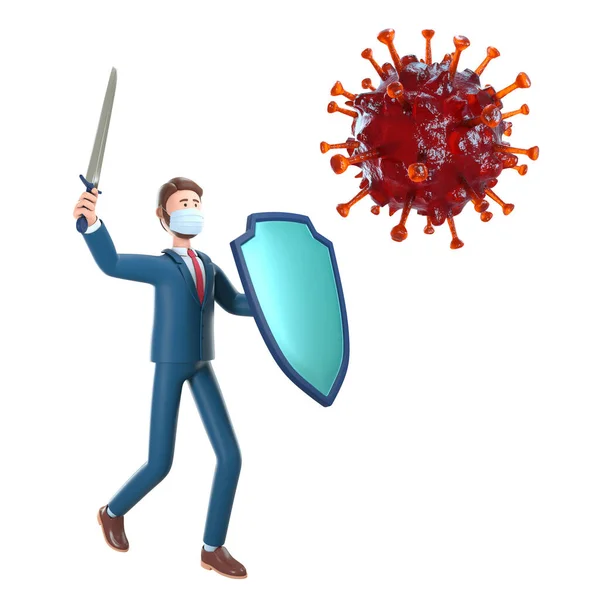Businessman with knight shield and sword fighting Coronavirus bacteria. 3D illustration of man with mask protecting from Covid-19 pandemic. Stop coronavirus spreading concept, isolated on white.