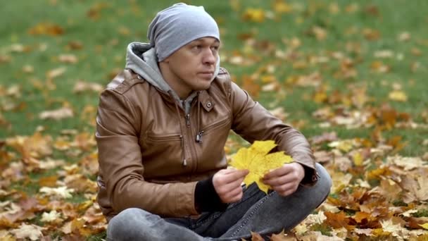 Привабливий молодий чоловік чекає когось в осінньому парку, що сидить на опале листя — стокове відео