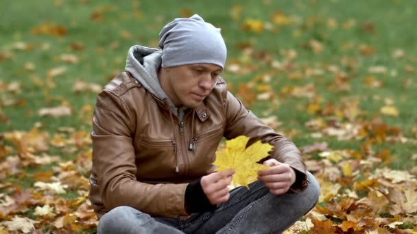 Mladík Šedém Klobouku Sedí Podzimním Parku Trávě Žlutých Spadlých Javorových — Stock video