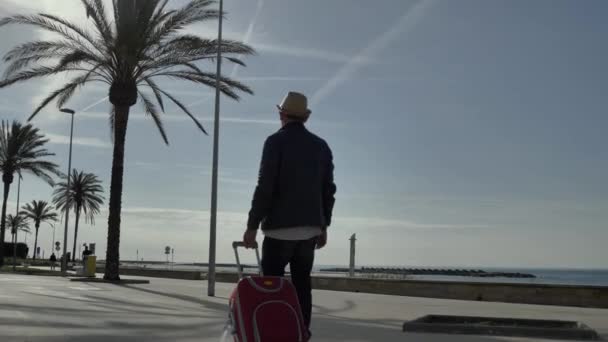 El turista vino a descansar, está caminando por el paseo marítimo con una maleta roja — Vídeo de stock