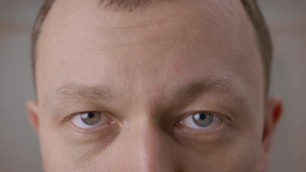 Wide open gray eyes of a young man. Looking directly at the camera, close-up — Stock Video