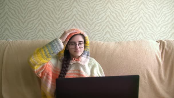 Attractive Girl Hood Spends Free Time Sitting Home Laptop — Stock Video