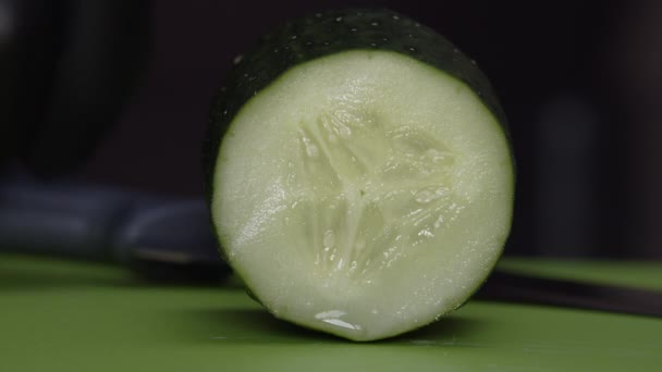 Chef Cuts Thin Slices Fresh Cucumber Macro Shot — Stock Video
