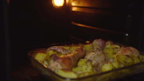 Apetyczne Świeżo Przygotowane Jedzenie Jest Piekarniku — Wideo stockowe