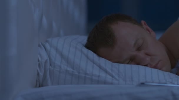 Man Woke Night Wake Call Quickly Got Out Bed — Stock Video