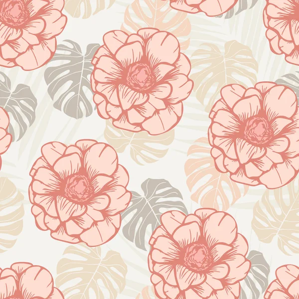 Beautiful Tropical Flowers Leaves Seamless Pattern Design — стоковый вектор