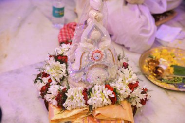 Colourful traditional view of bengali wedding rituals with tharm