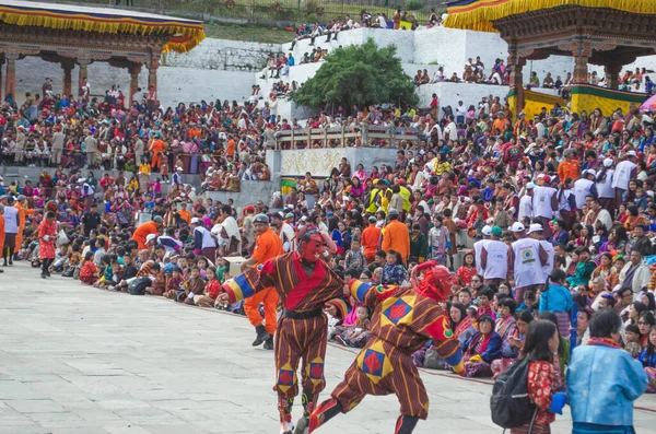 Października 2019 Thimphu Dzong Bhutan Joker Czerwonej Tradycyjnej Sukni Masce — Zdjęcie stockowe