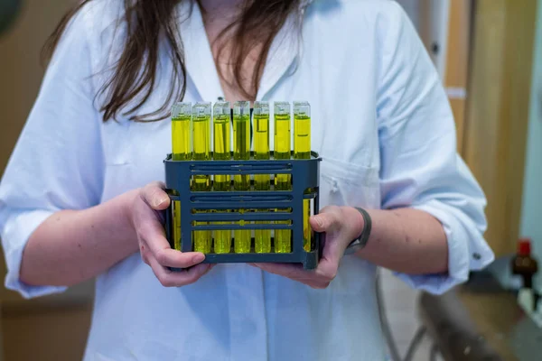 A woman scientist holding fractions of green compound solution collected from column chromatography in a chemistry laboratory for biomediacal research