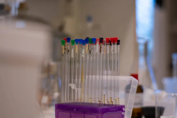 Nuclear magnetic resonance NMR tube kept in a line in box for chemical analysis of reaction in a chemistry laboratory with chemicals around