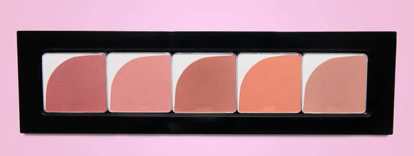 Palette Blush Highlighter Five Colors Makeup Pink Background — Stock Photo, Image