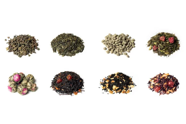 Isolierte Teesammlung. Stapel von 8 verschiedenen Tees isoliert auf weißem Hintergrund. — Stockfoto