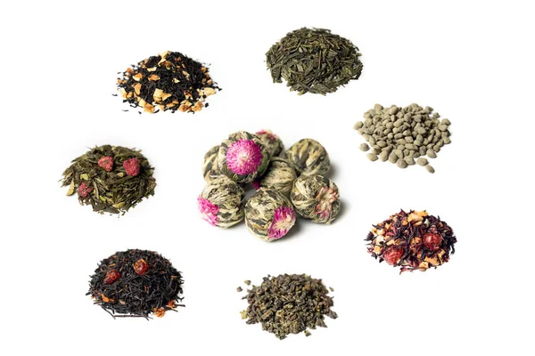 Isolated tea collection. Piles of 8 different teas isolated on white background. — Stock Photo, Image