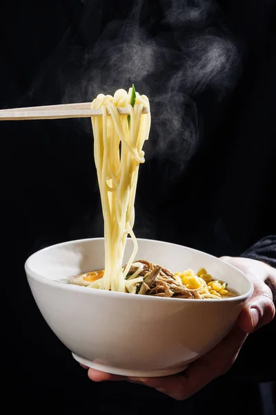 Hot japan ramen noodles sticks with steam