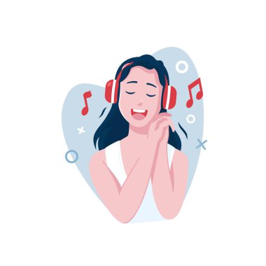 Kulaklık kullanarak müzik dinleyen bir kadının düz tasarımı