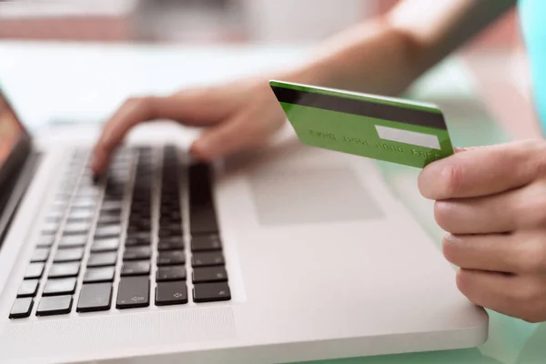 Closeup Man Hands Using Laptop Online Payments Credit Card Banking — Stock Photo, Image