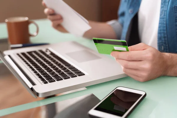 Closeup Man Hands Holding Credit Card Using Laptop Online Paying — Stock Photo, Image