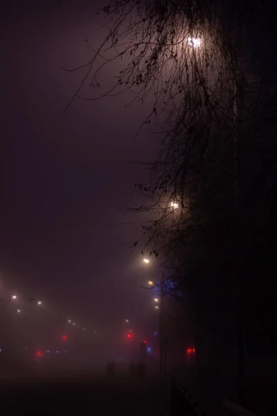 Bulanık trafik ışıkları ve uzaklardaki insanların silueti ile sisli karanlık gecede şehir manzarası — Stok fotoğraf