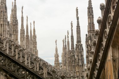 Milan Katedrali 'nin çatısı, Duomo di Milan. Milan Katedrali 'nin heykelinin yakın görüntüsü. Katedralin çatısı. Açılış ormanı, tepe noktaları ve kuleler.