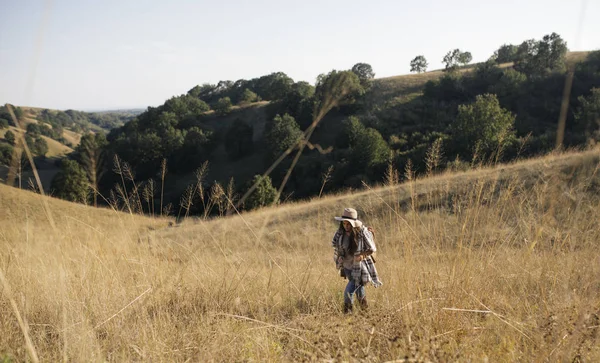 Женщина в походе на поле — стоковое фото