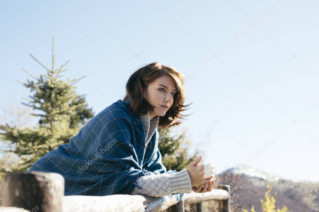 Woman Drinking Morning Coffee Outdoors