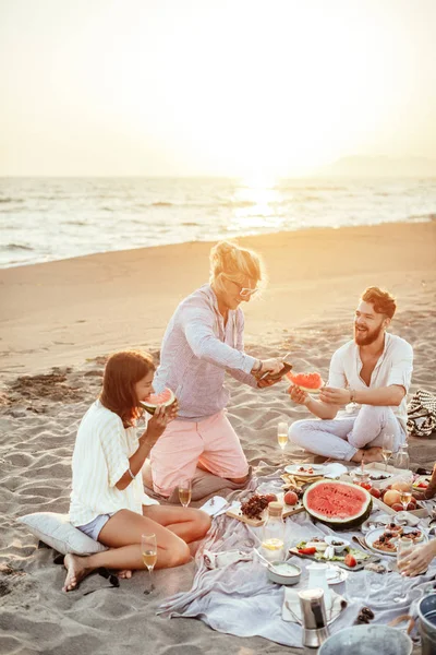 Vänner njuter picknick på stranden — Stockfoto