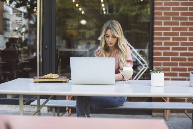 Kahve dükkanında dizüstü bilgisayarda yazarak bir kadın