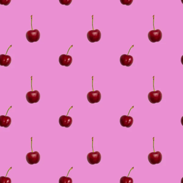 Ripe Red Cherry Seamless Pattern Pink Background — Stock Photo, Image