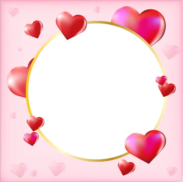 3d vector saint valentine s day golden round frame on colourful background with vector hearts. Concept sale special offer — Stock Vector