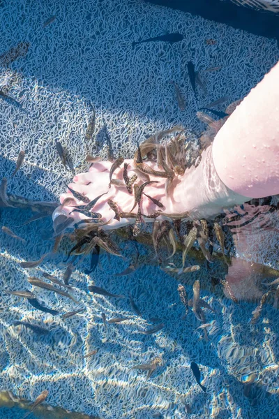 Weibliche kaukasische Beine und Füße im Wasser des Thermalsees Vouli — Stockfoto