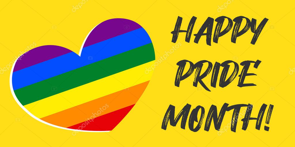 Happy LGBT pride month banner with rainbow heart on yellow background concept